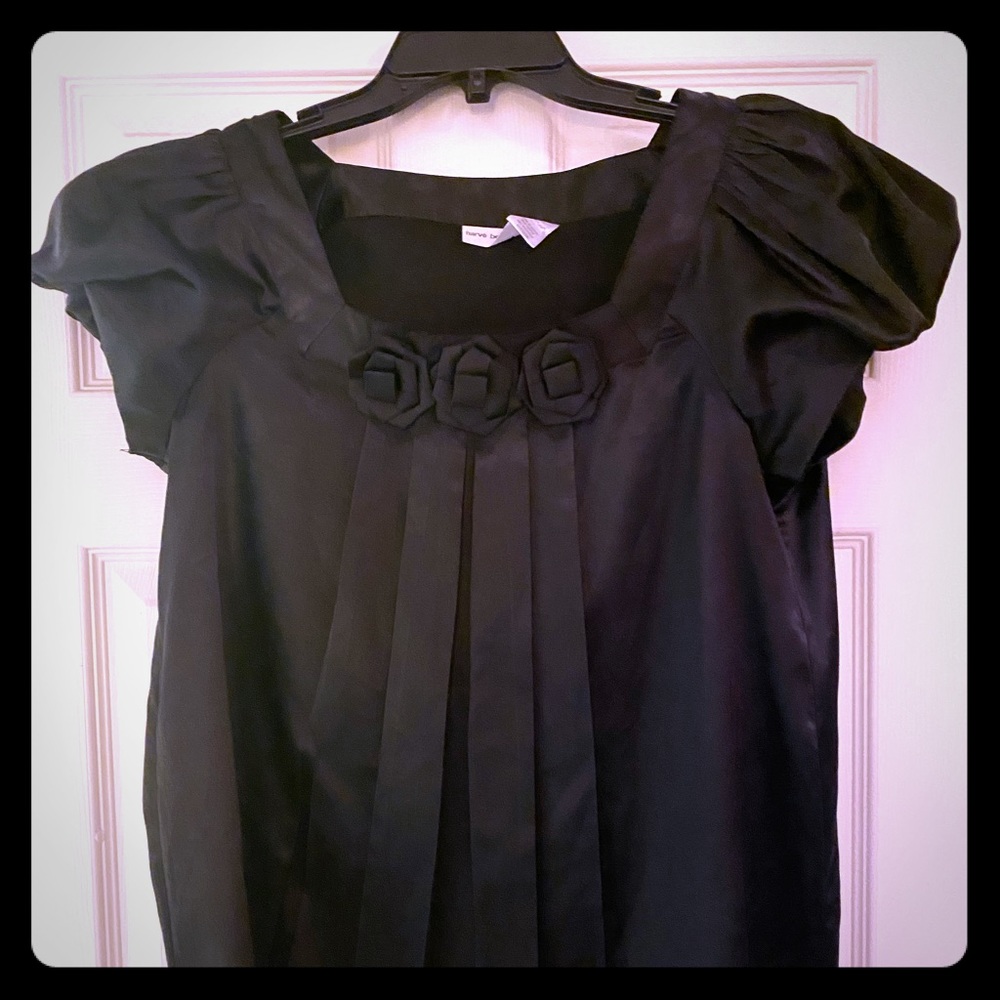 Black satin puffed sleeve blouse